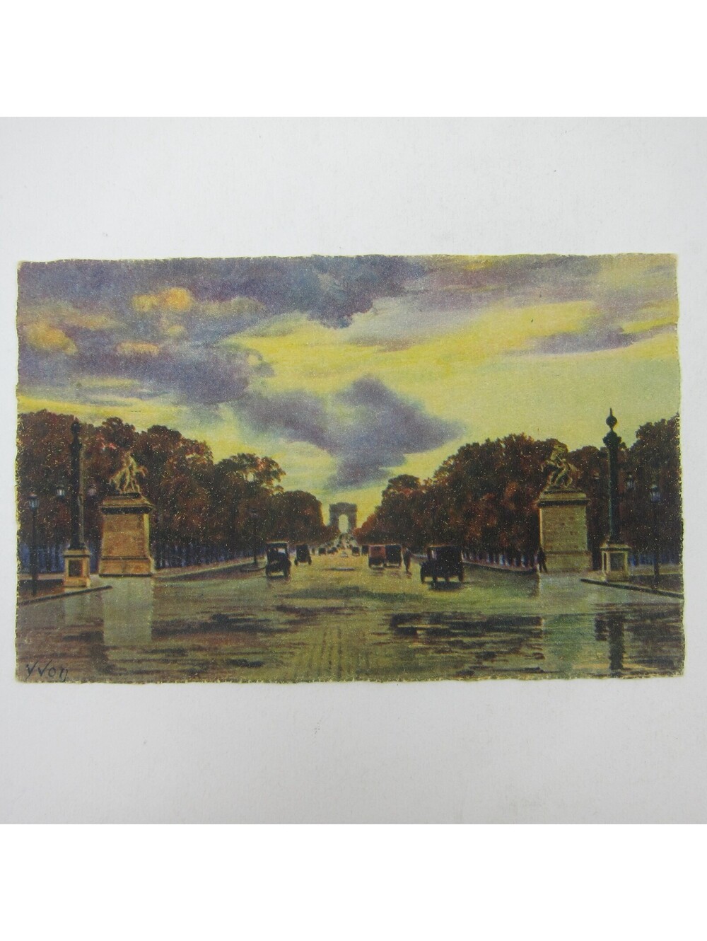 Art Postcard Paris France By Strolling Champs-Elysees Avenue Yvon Antique RARE